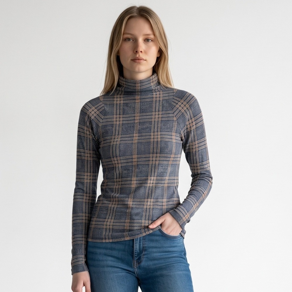 Rag & Bone Shaw turtleneck Plaid black multi long sleeve top size Medium $225